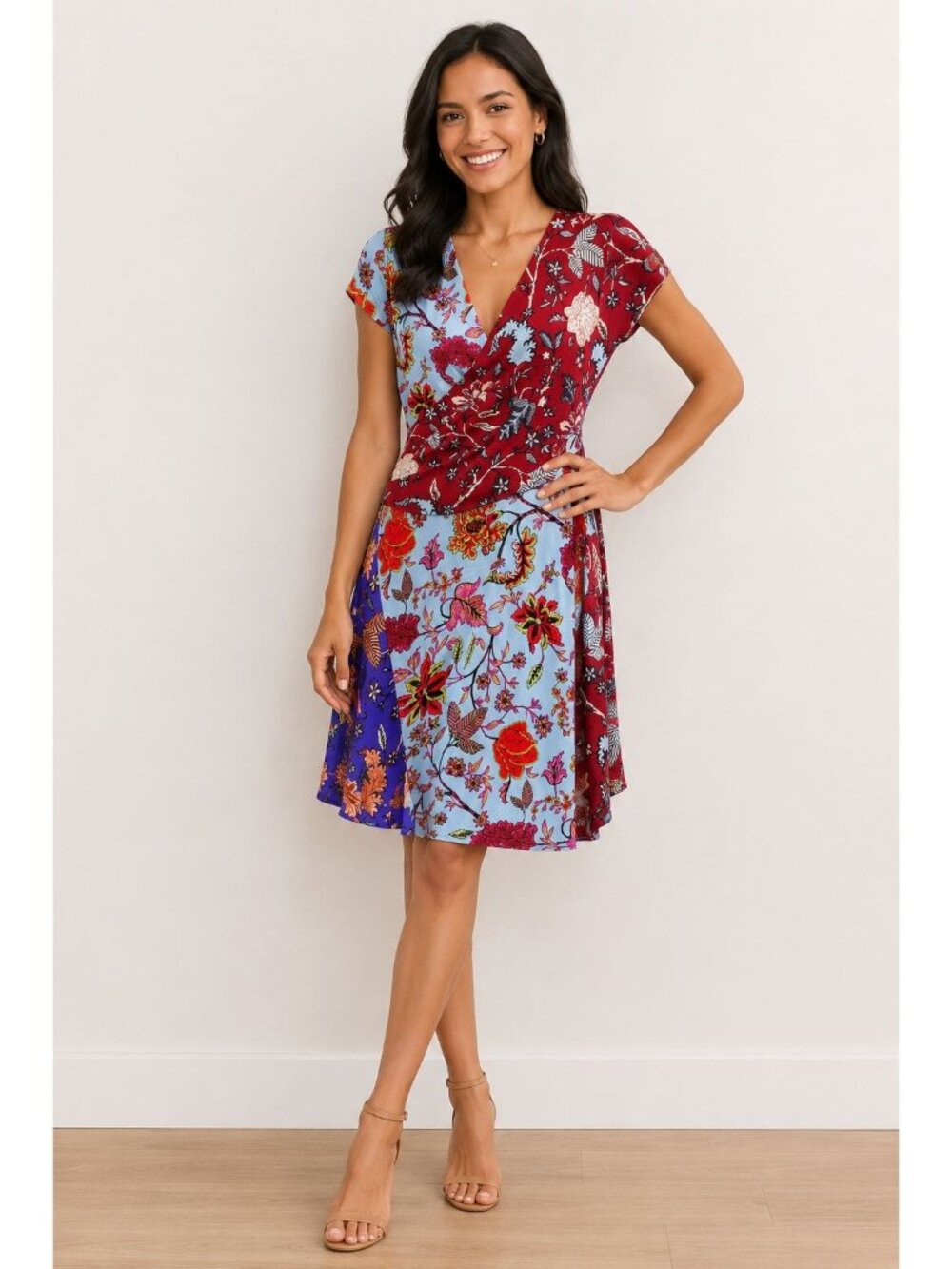 Diane Von Furstenberg wrap dresss vibrant, multi-colored floral print on a silk-